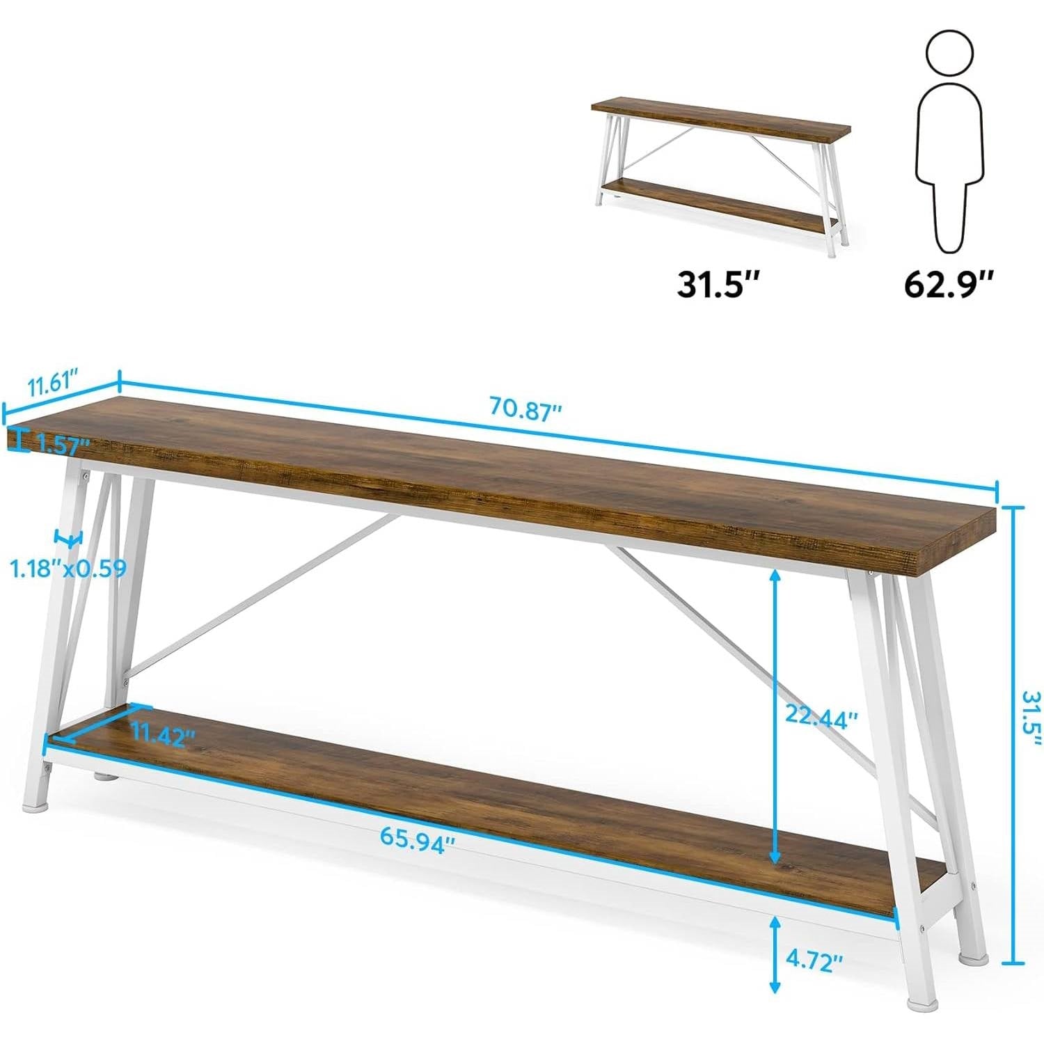 Heavy Duty 70-inch Industrial Wood Top Sofa Table with Metal Frame in Four Colors