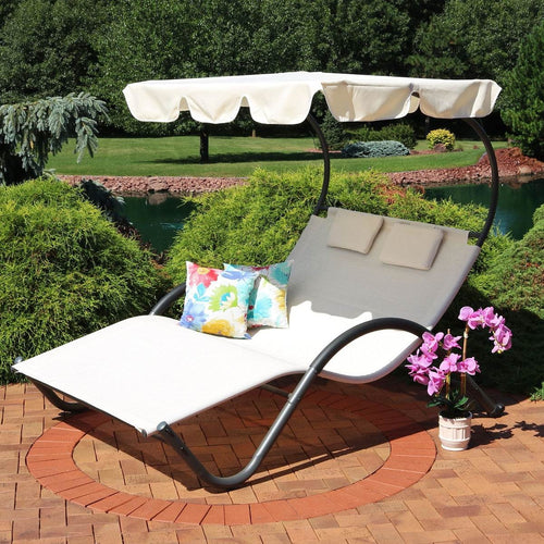 2 Person Off White Outdoor Patio Chaise Lounger Chair Canopy Bed with Pillows *