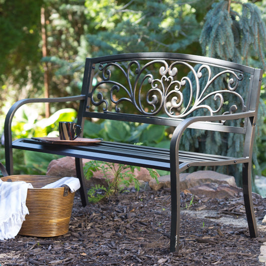 Curved Metal Garden Bench with Heart Pattern in Black Antique Bronze Finish