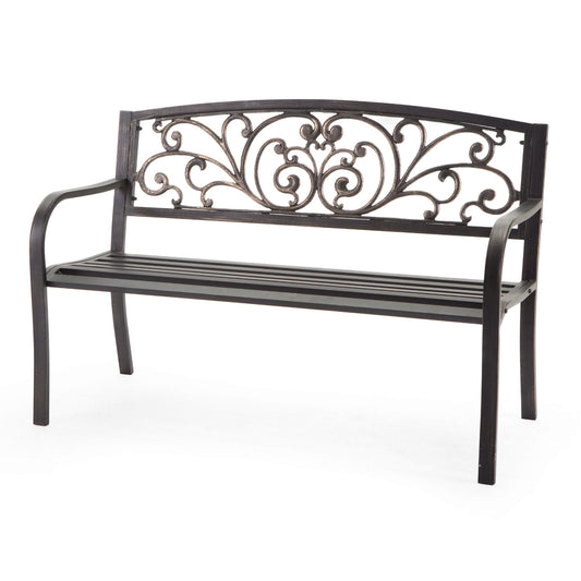 Curved Metal Garden Bench with Heart Pattern in Black Antique Bronze Finish