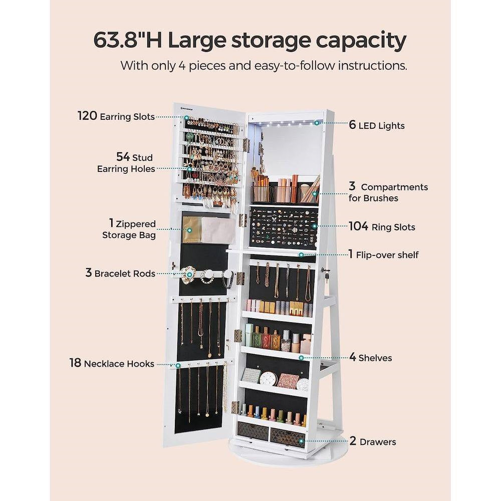 Jewelry Cabinet Armoire Organizer Freestanding Rotating Mirror