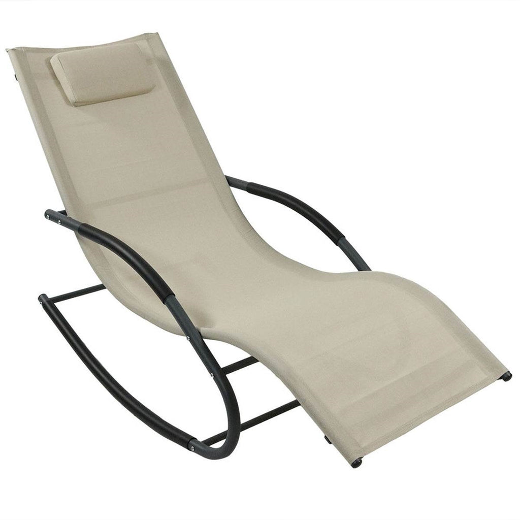 Modern Beige Rocking Chaise Lounger Patio Lounge Chair with Pillow *