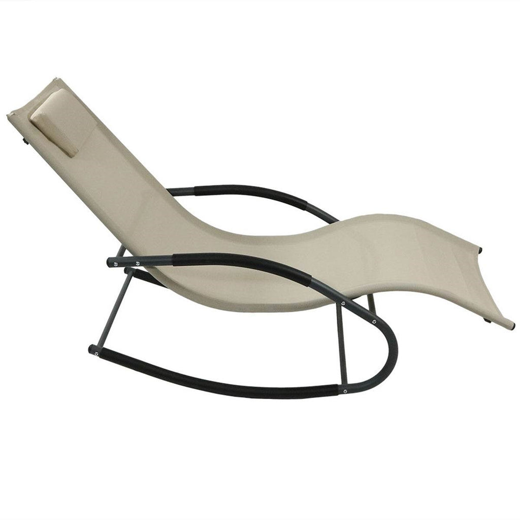 Modern Beige Rocking Chaise Lounger Patio Lounge Chair with Pillow *