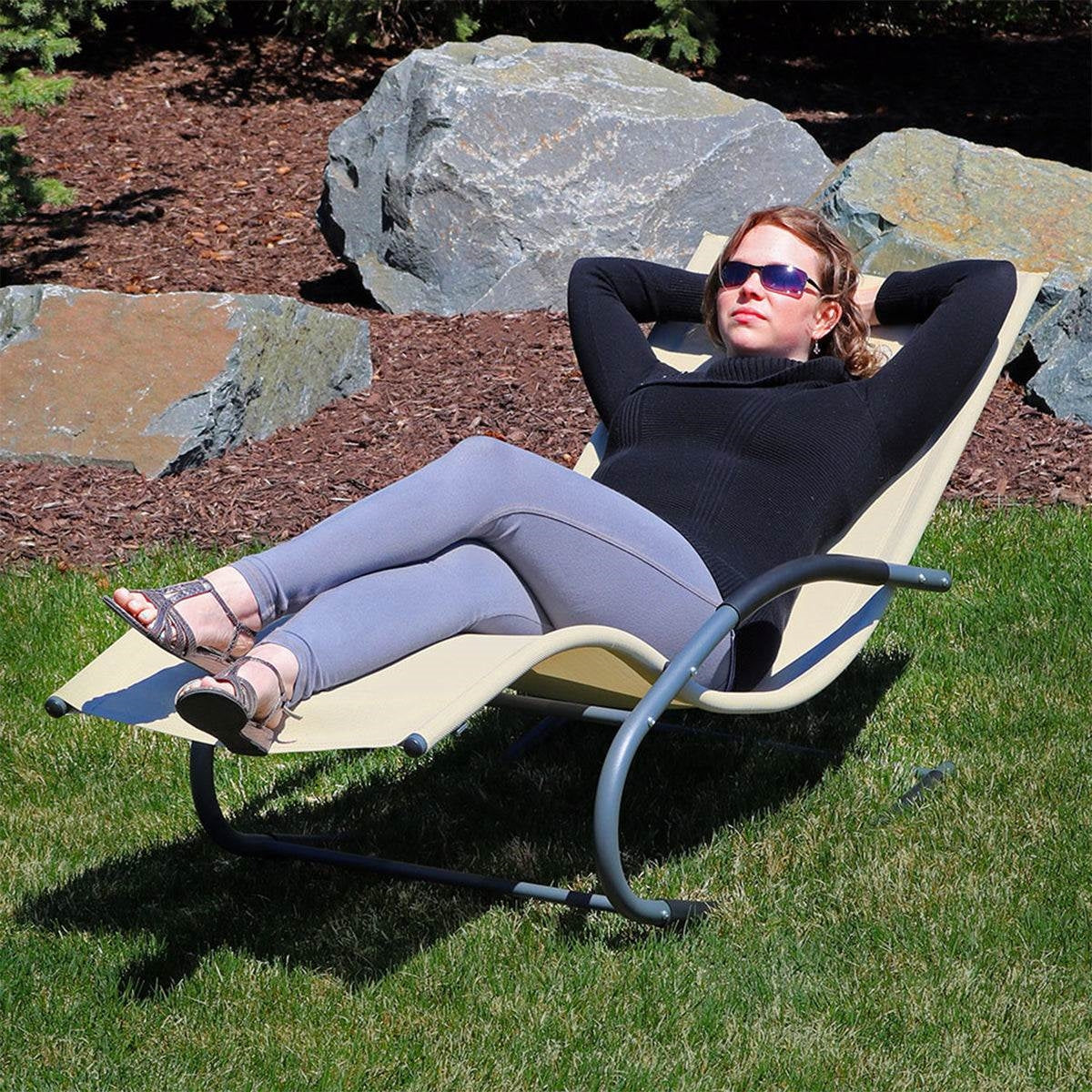 Modern Beige Rocking Chaise Lounger Patio Lounge Chair with Pillow *