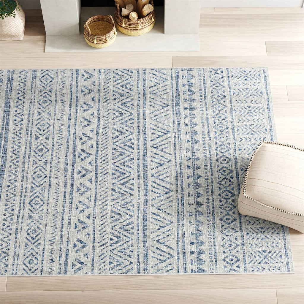 Blue Grey Chevron Coastal Boho Style Indoor Outdoor Area Rug