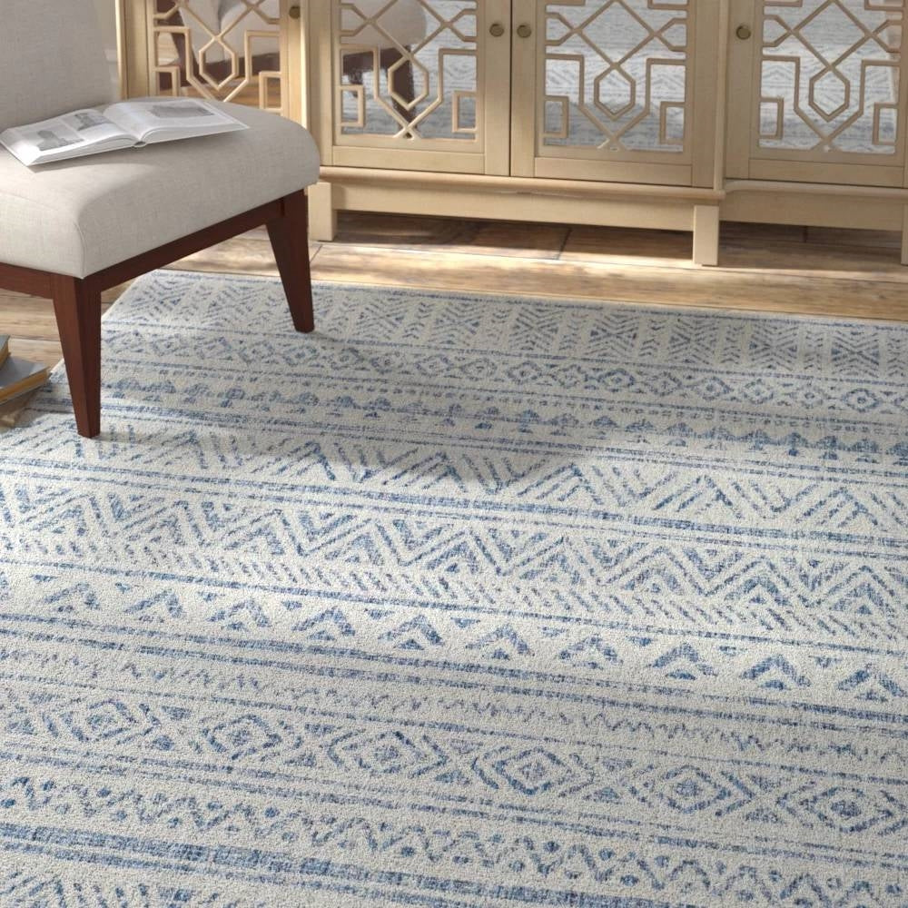 Blue Grey Chevron Coastal Boho Style Indoor Outdoor Area Rug