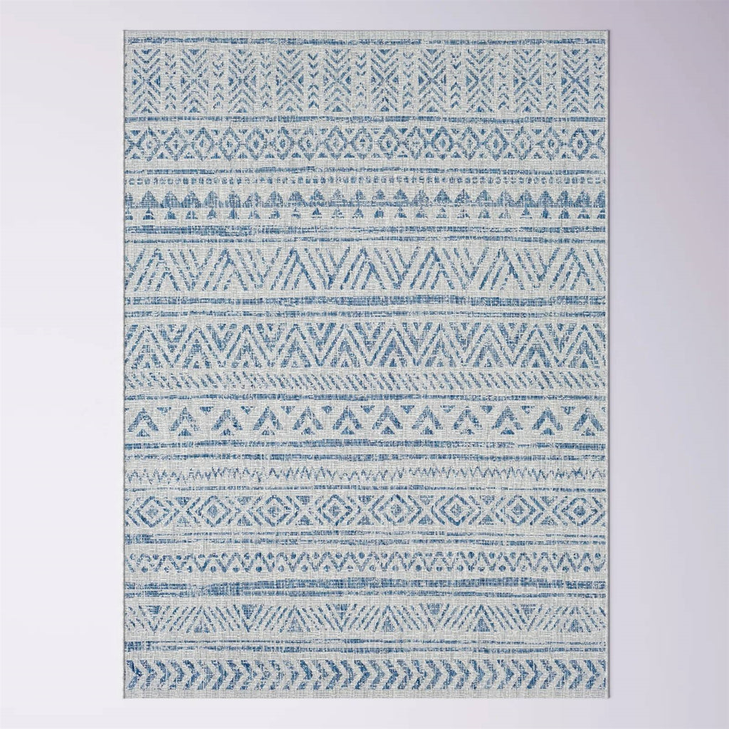 Blue Grey Chevron Coastal Boho Style Indoor Outdoor Area Rug