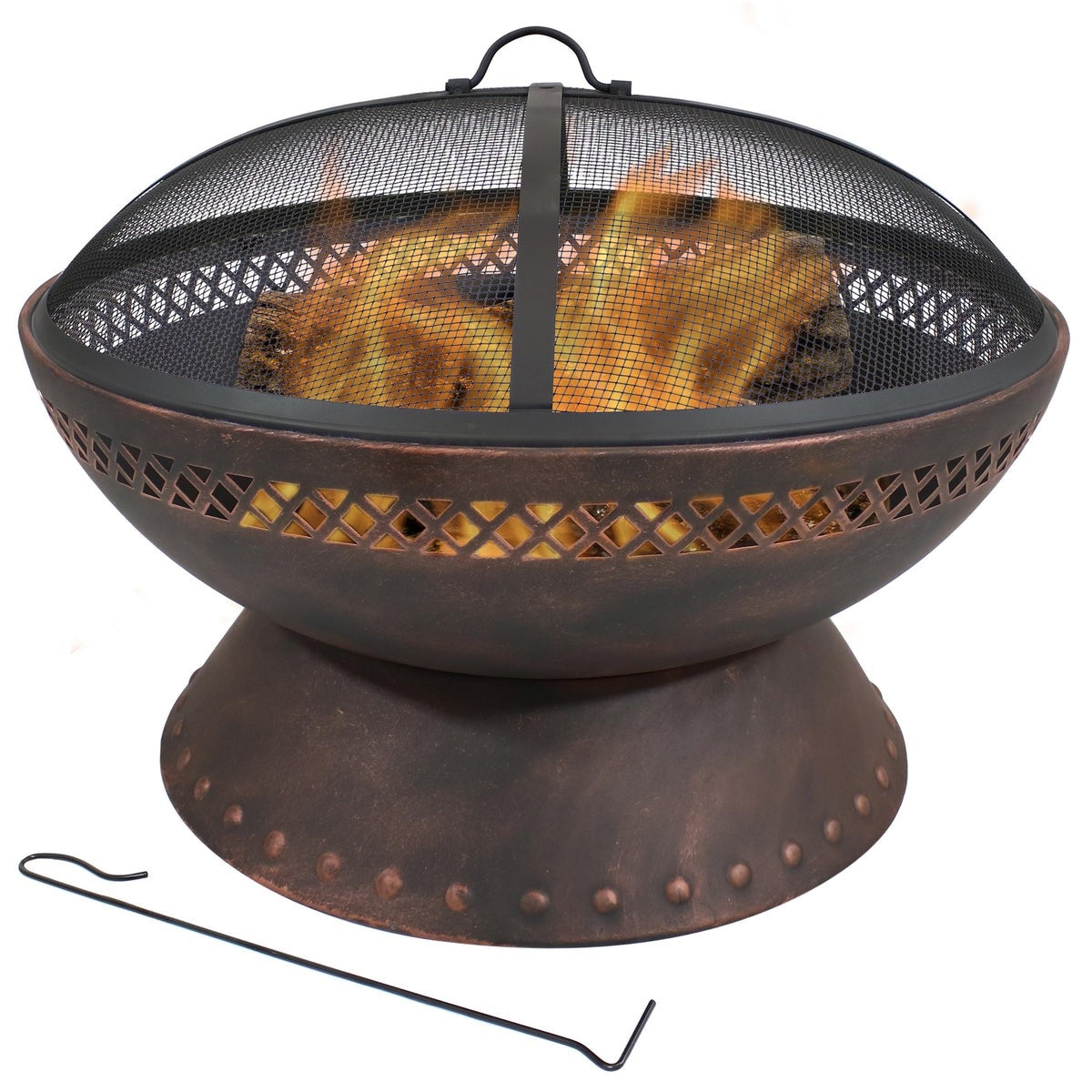 Primitive Rustic 25 Inch Copper Chalice Steel Fire Pit with Spark Screen