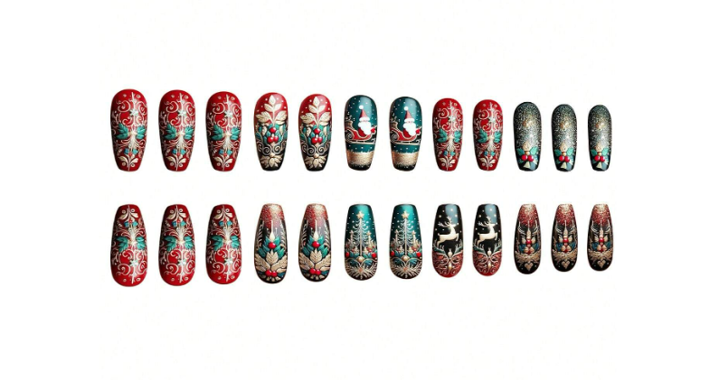 24pc Set Ballet Style Press-On Nails with Christmas Designs