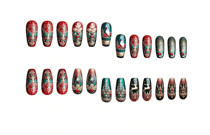 24pc Set Ballet Style Press-On Nails with Christmas Designs