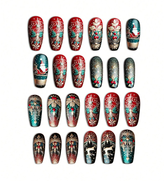 24pc Set Ballet Style Press-On Nails with Christmas Designs