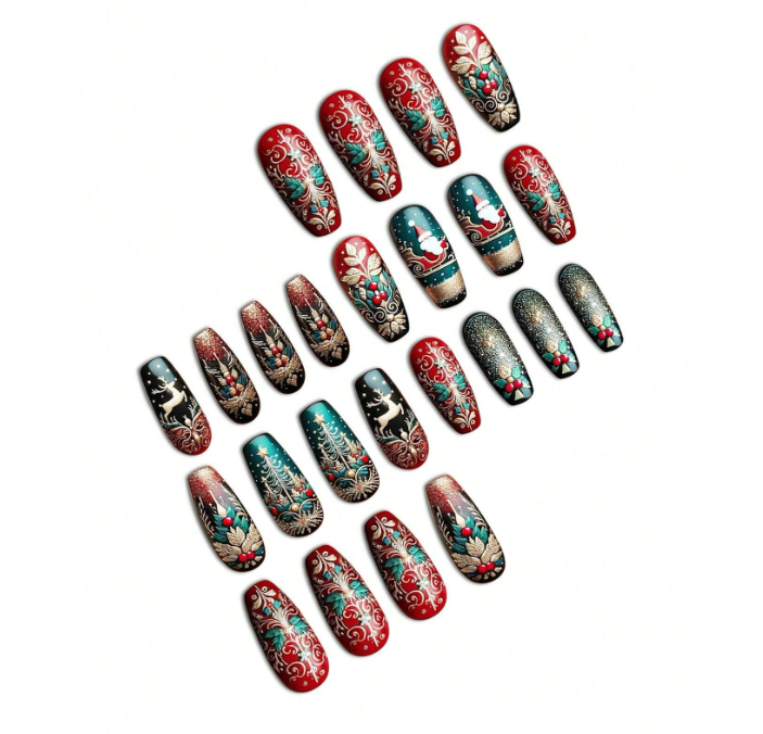 24pc Set Ballet Style Press-On Nails with Christmas Designs