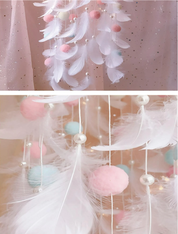 Girly Feather Hanging Dream Catcher with Blue & Pink Balls