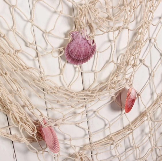 Ocean Themed Nature Fish Net Wall Decor with Sea Shells, 59"X78"