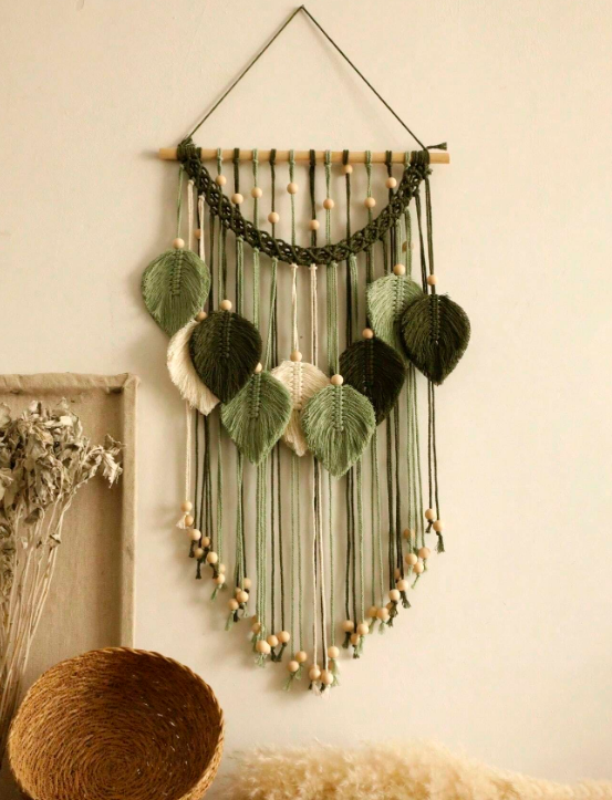 Handmade Woven Bohemian Macrame Leaf Themed Tapestry Wall Hanging with Tassels