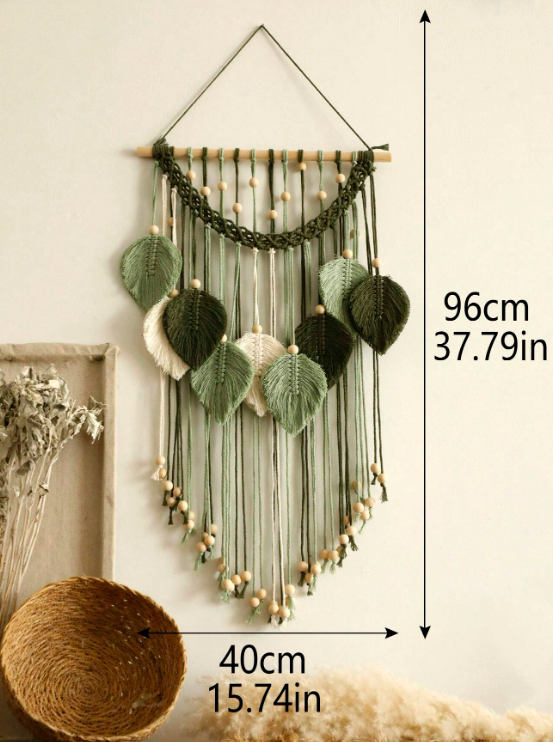 Handmade Woven Bohemian Macrame Leaf Themed Tapestry Wall Hanging with Tassels