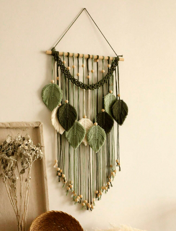 Handmade Woven Bohemian Macrame Leaf Themed Tapestry Wall Hanging with Tassels