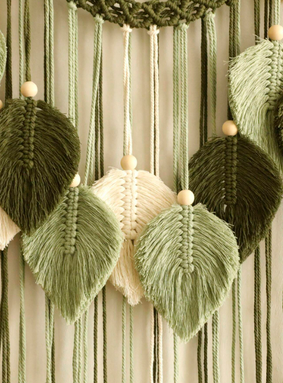 Handmade Woven Bohemian Macrame Leaf Themed Tapestry Wall Hanging with Tassels