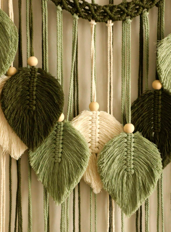 Handmade Woven Bohemian Macrame Leaf Themed Tapestry Wall Hanging with Tassels