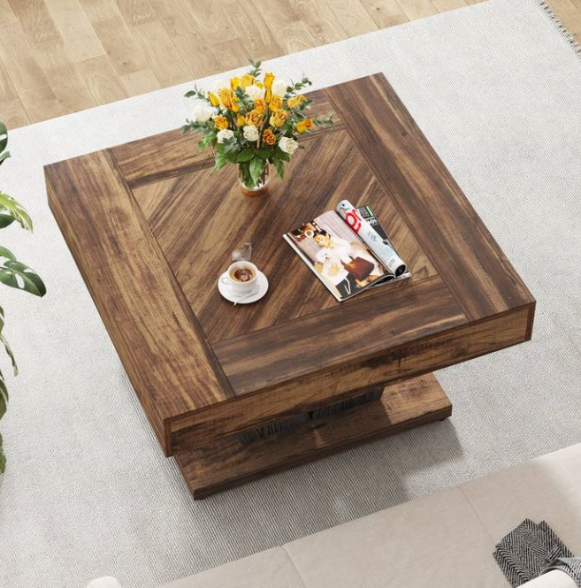 Square Farmhouse Coffee Table in Brown Black Wood Finish