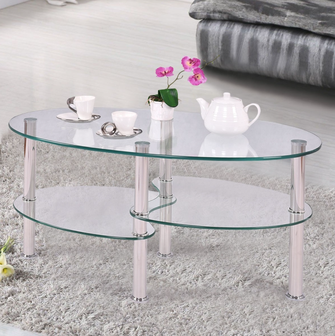 Modern Oval Tempered Glass Coffee Table with Bottom Shelf
