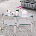 Modern Oval Tempered Glass Coffee Table with Bottom Shelf
