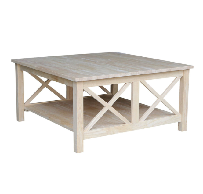 Square Unfinished Solid Wood Coffee Table with Bottom Shelf