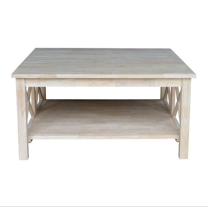 Square Unfinished Solid Wood Coffee Table with Bottom Shelf
