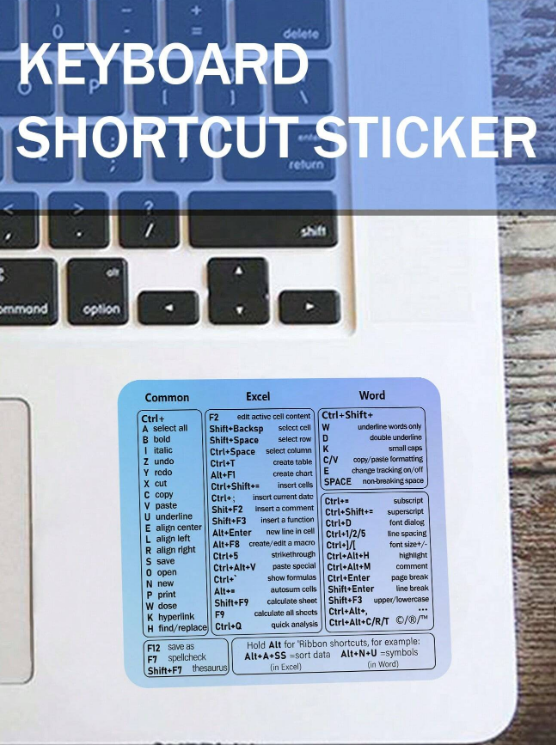 Small Keyboard Shortcut Laptop Stickers in Black, White, Multicolor, or Blue