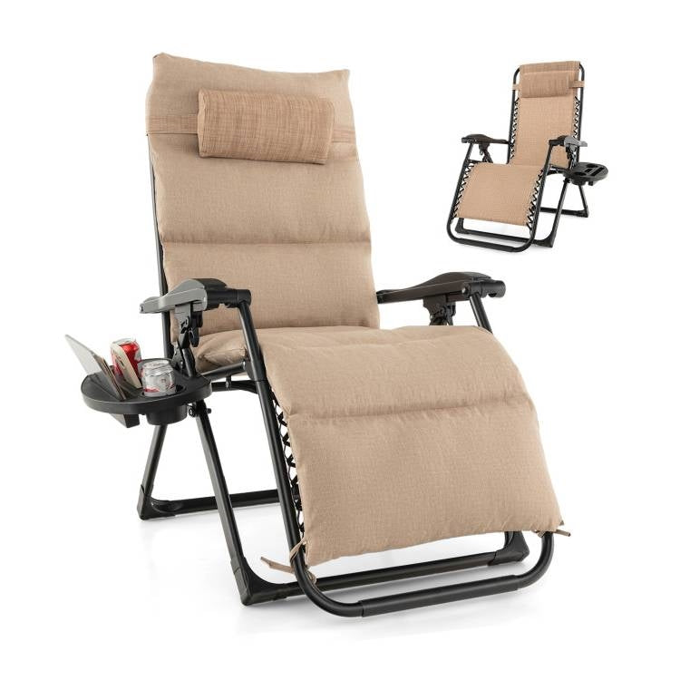 Tan Zero Gravity Adjustable Lounge Chair Removable Cushion Cup Holder Tray *