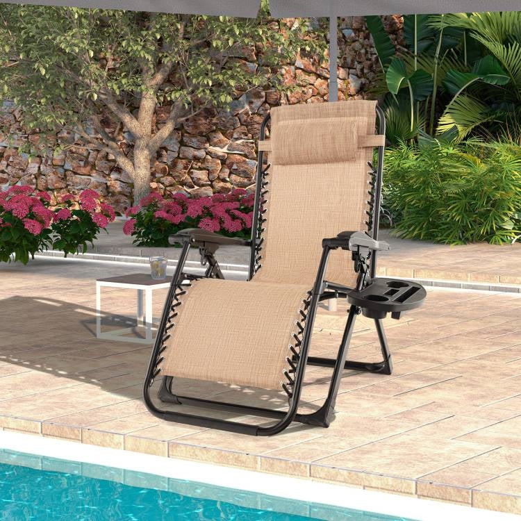 Tan Zero Gravity Adjustable Lounge Chair Removable Cushion Cup Holder Tray *