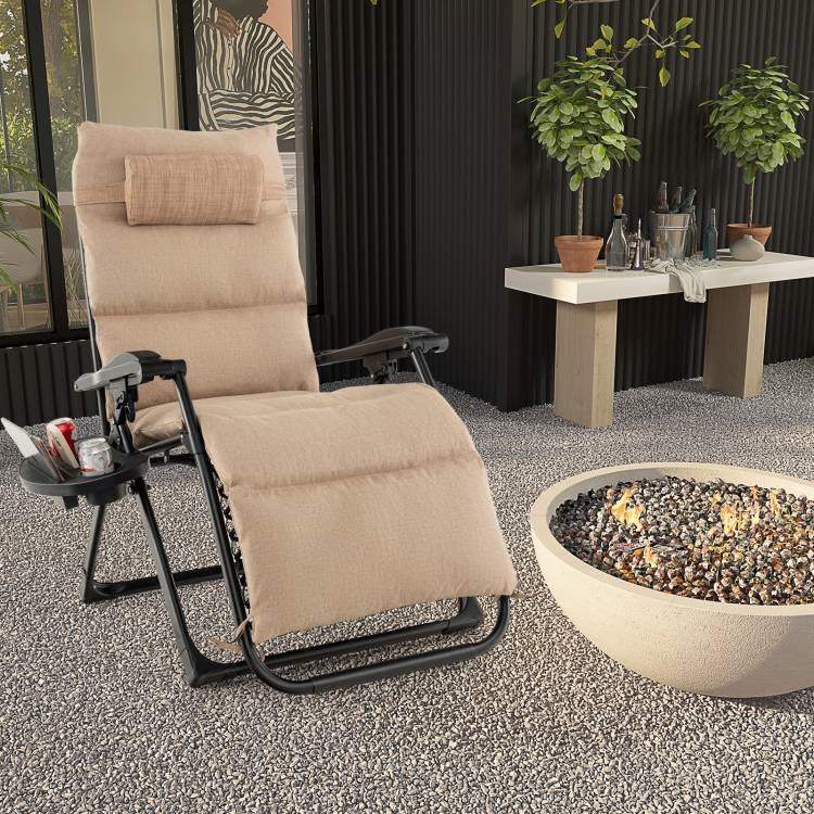 Tan Zero Gravity Adjustable Lounge Chair Removable Cushion Cup Holder Tray *