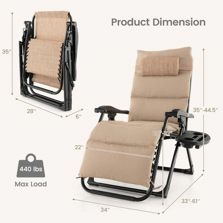 Tan Zero Gravity Adjustable Lounge Chair Removable Cushion Cup Holder Tray *