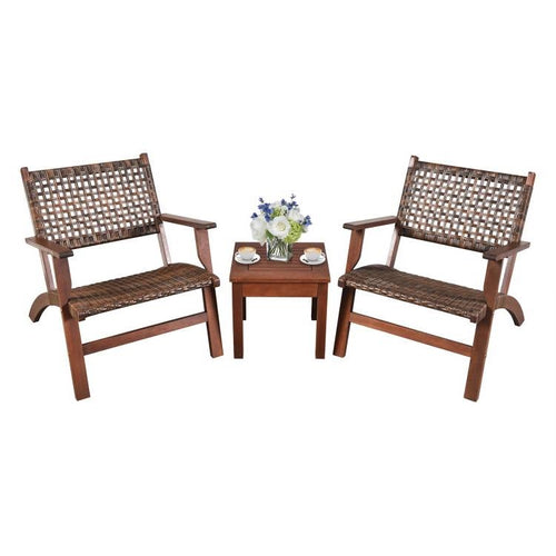 3 Piece Wooden Rattan Outdoor Patio Furniture Chair Table Bistro Set *
