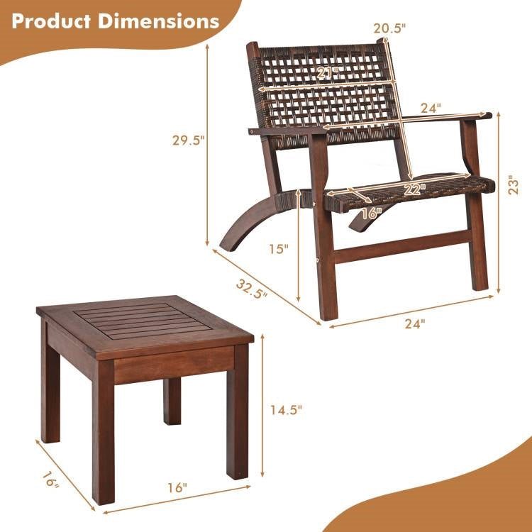 3 Piece Wooden Rattan Outdoor Patio Furniture Chair Table Bistro Set