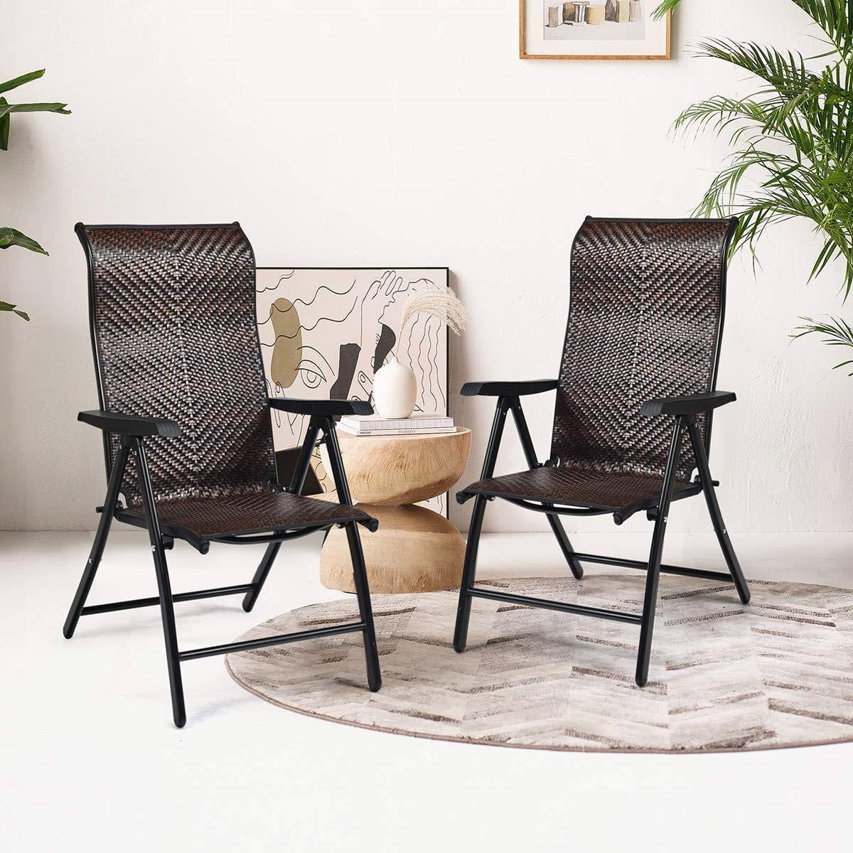 Outdoor/Indoor Folding Patio Chair with Brown Rattan Seat and High Back-Rest