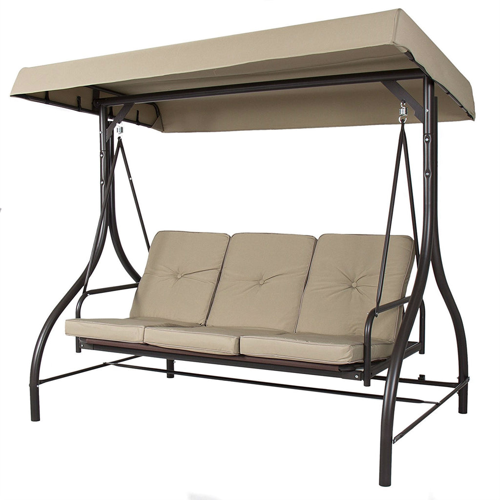 Tan 3-Seat Outdoor Porch Deck Patio Canopy Swing with Cushions *