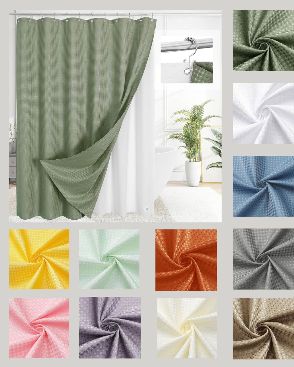 72"W x 72"H Waffle Textured 3 in 1 Shower Curtain Set