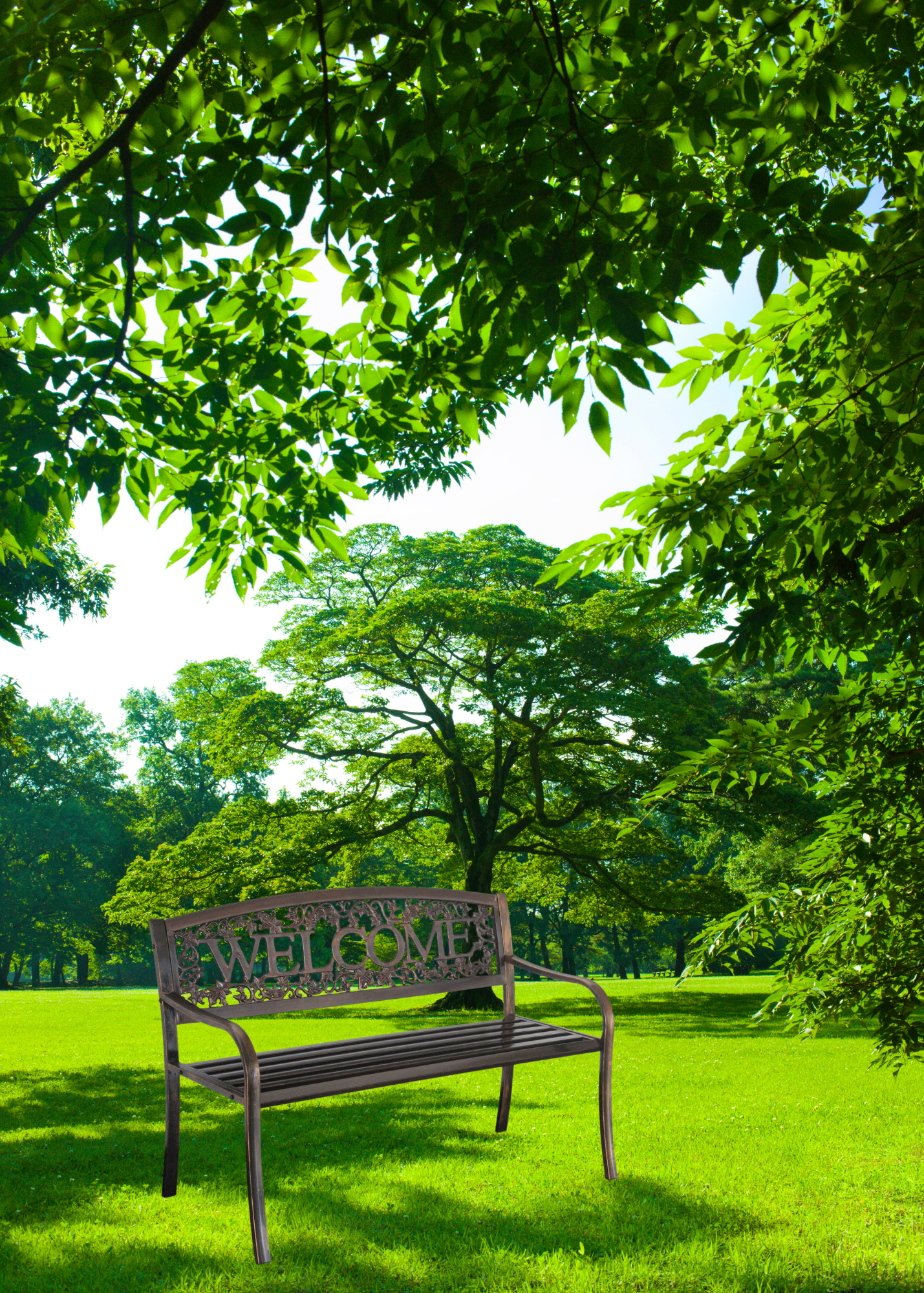 Outdoor Weather Resistant Metal Garden Bench with Welcome Floral Back