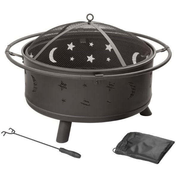 Mystical Heavy Duty Steel Metal Wood Burning Fire Pit with Moon and Stars Cutouts