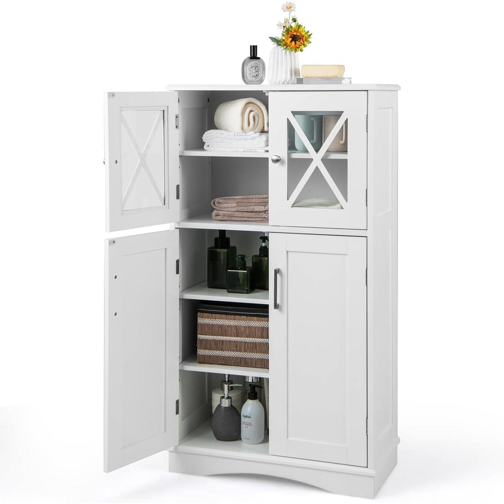 Bathroom Towel Linen Cabinet with Glass Doors and Storage Shelves