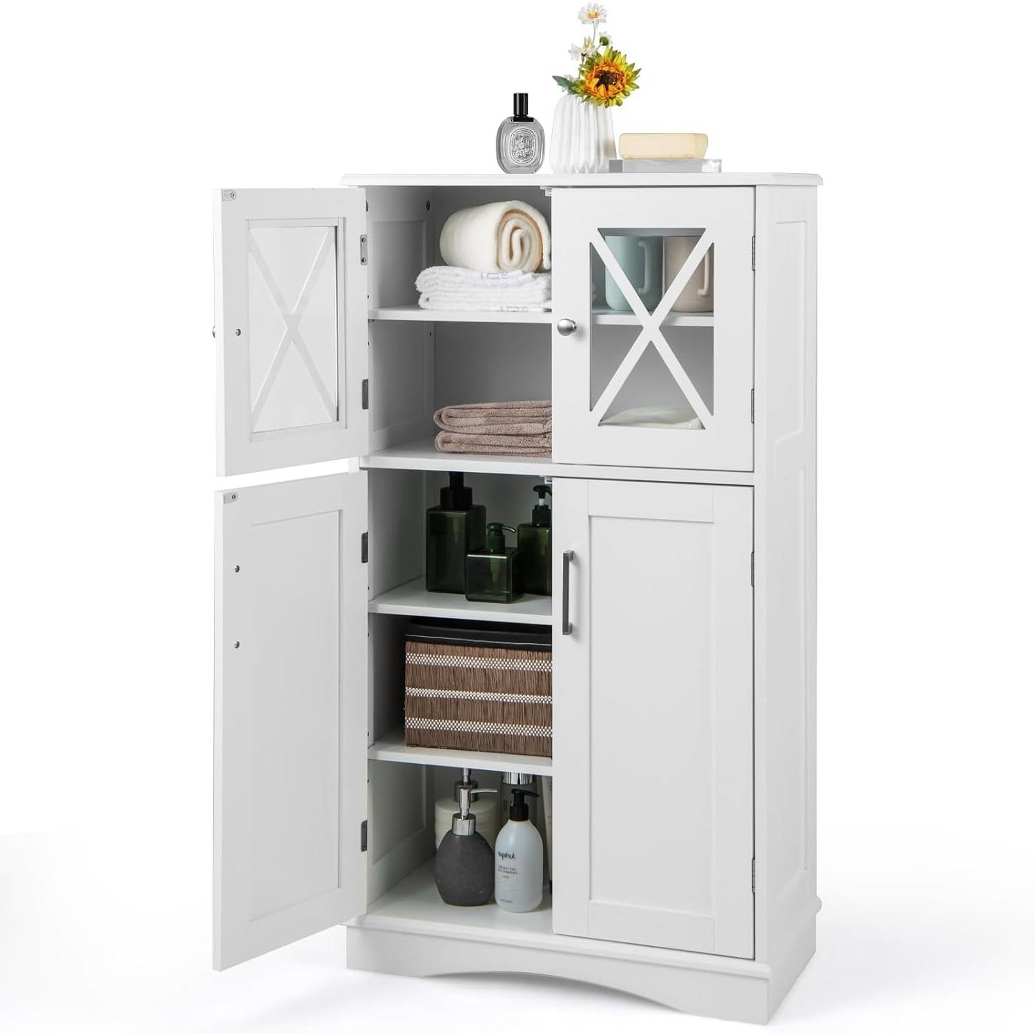 Bathroom Towel Linen Cabinet with Glass Doors and Storage Shelves