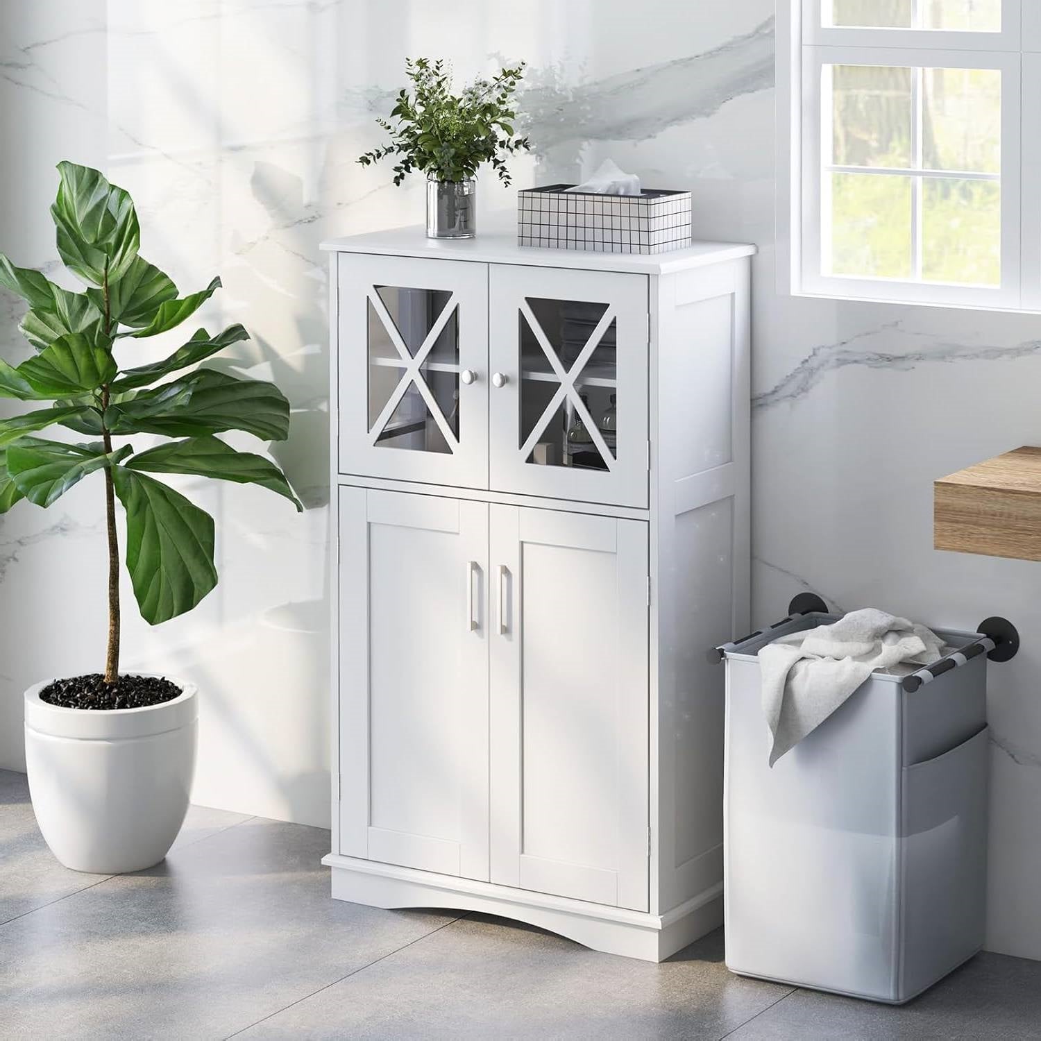 Bathroom Towel Linen Cabinet with Glass Doors and Storage Shelves