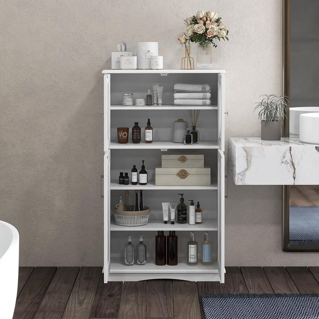 Bathroom Towel Linen Cabinet with Glass Doors and Storage Shelves