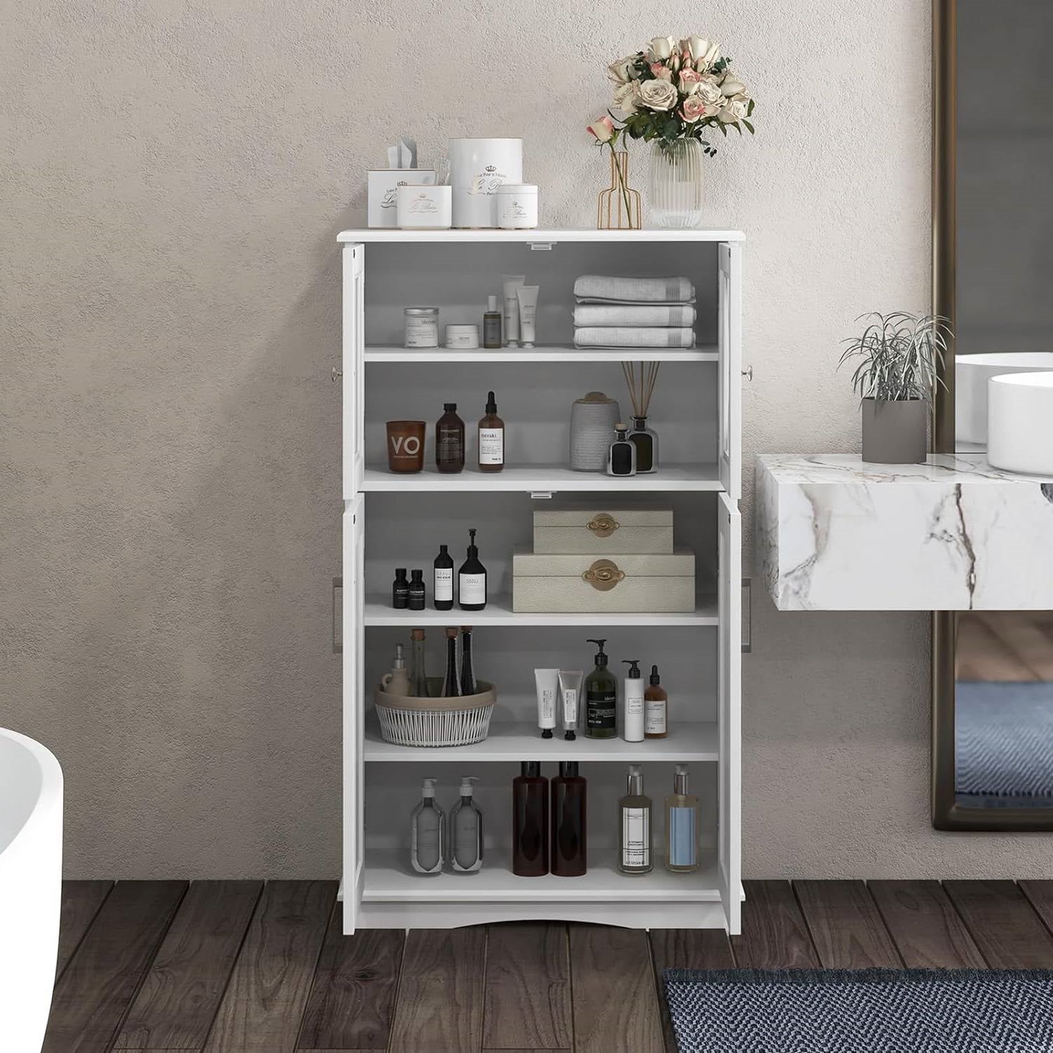 Bathroom Towel Linen Cabinet with Glass Doors and Storage Shelves