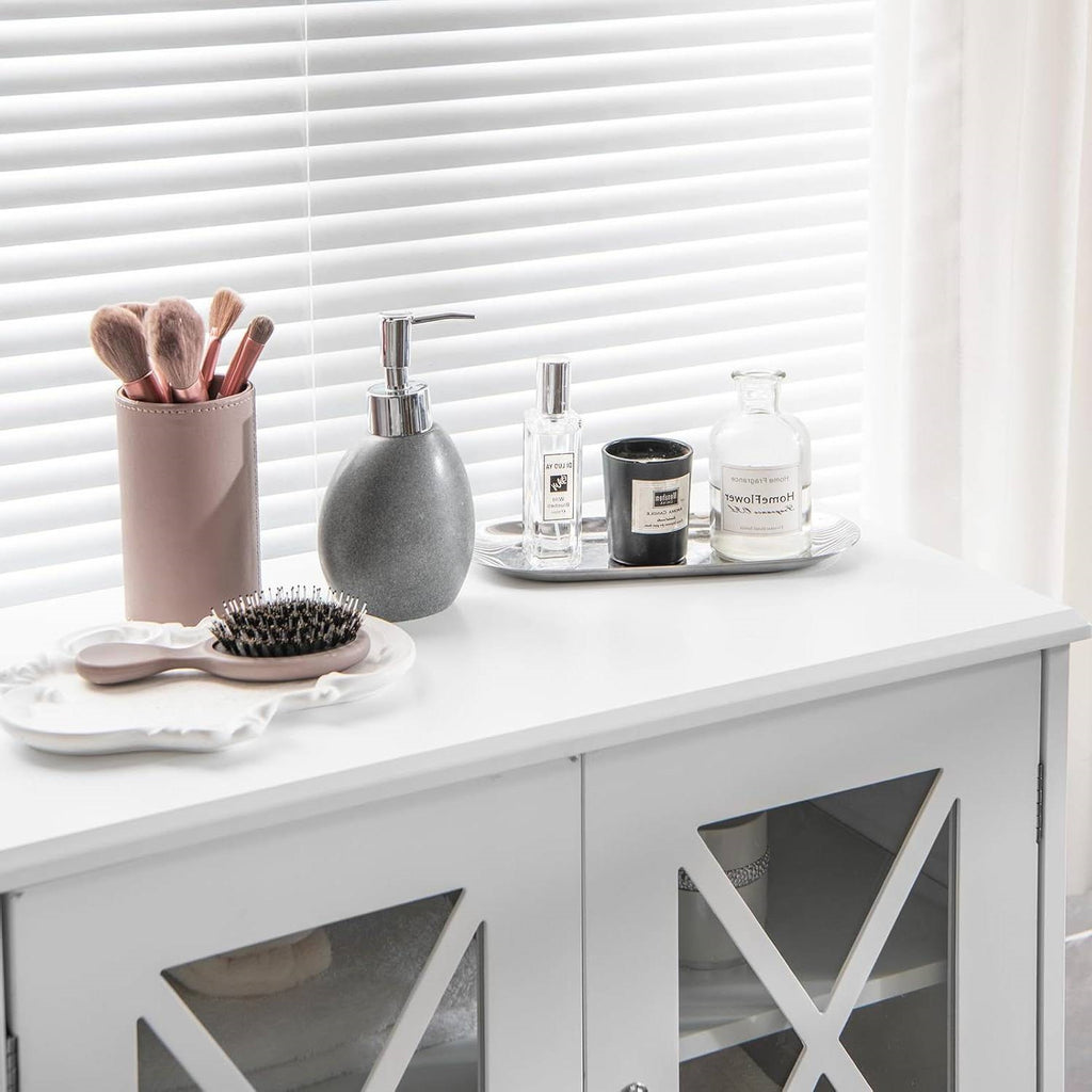 Bathroom Towel Linen Cabinet with Glass Doors and Storage Shelves