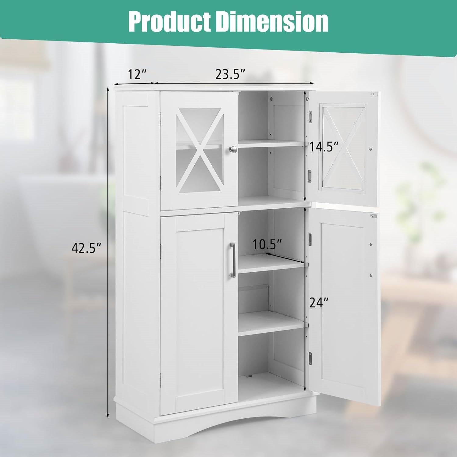 Bathroom Towel Linen Cabinet with Glass Doors and Storage Shelves