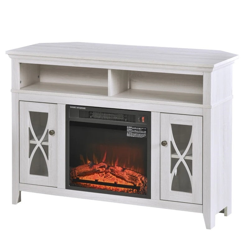 Rustic White Electric Fireplace Mantel TV Stand w/ Adjustable Shelves 2 Storage Cabinets *