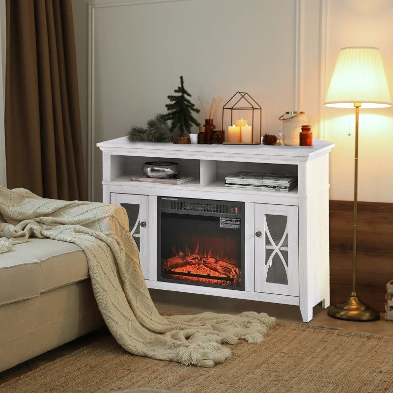 Rustic White Electric Fireplace Mantel TV Stand w/ Adjustable Shelves 2 Storage Cabinets *