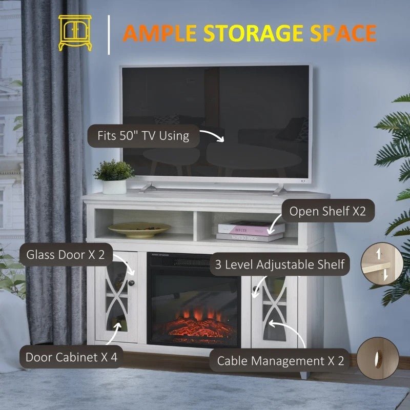 Rustic White Electric Fireplace Mantel TV Stand w/ Adjustable Shelves 2 Storage Cabinets *